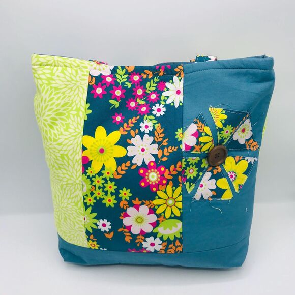 Basic Lizbet Library Market Tote Bag,Teal Yellow Florals 12x13.5x3" With Pockets - Picture 3 of 5
